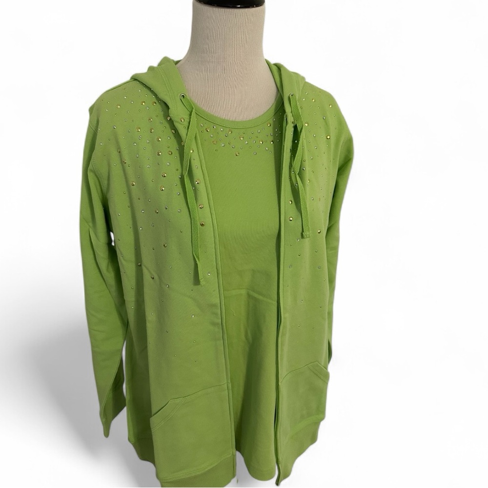 Quacker Factory Set Lime Green Sz S Short Sleeve Top & Zip Hoodie QVC NEW